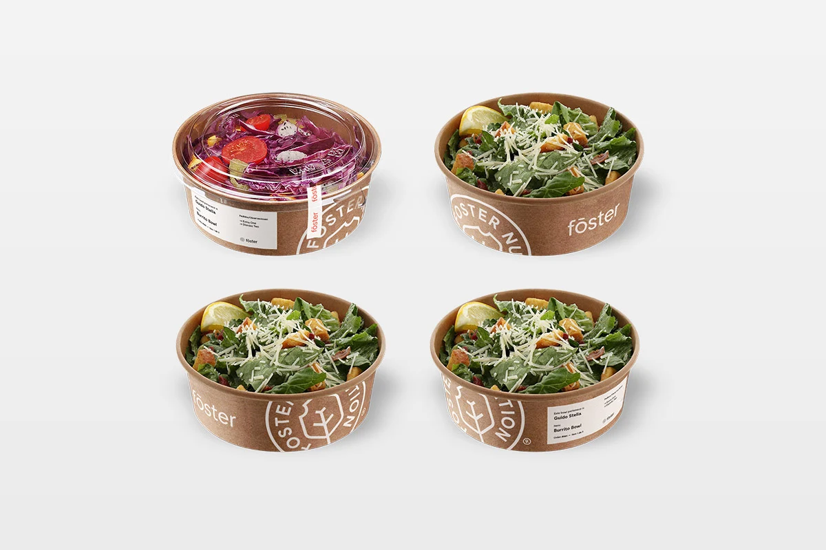 Bols Fōster Nutrition contenant des repas préparés
