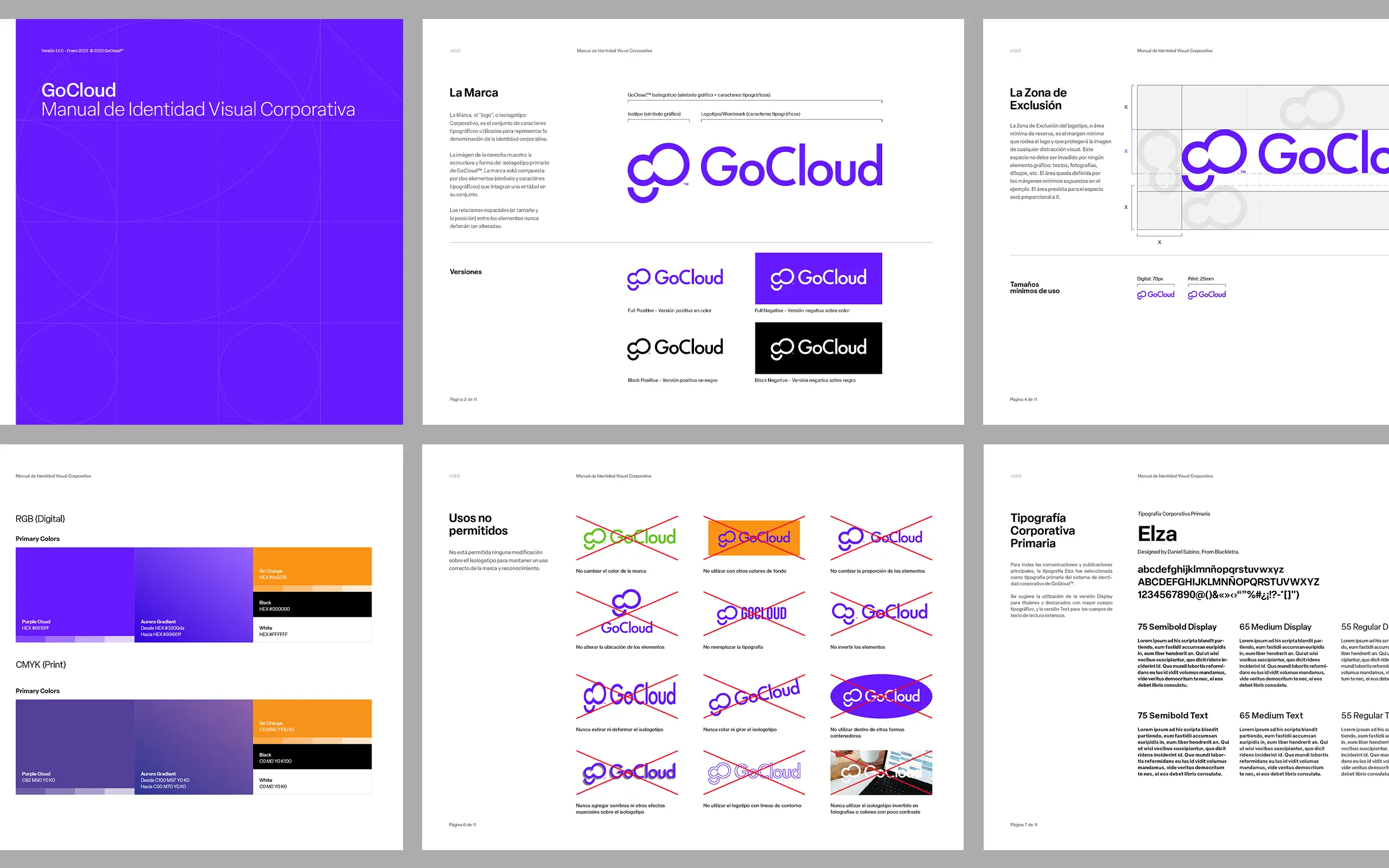 Manual de identidad visual de GoCloud con variantes del logotipo, área de protección, colores y tipografía