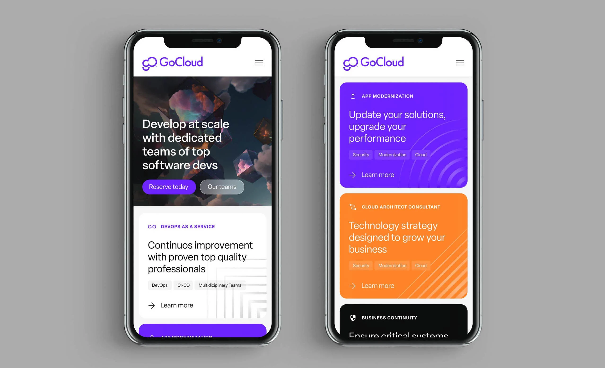 Design responsive du site web GoCloud présenté sur deux smartphones