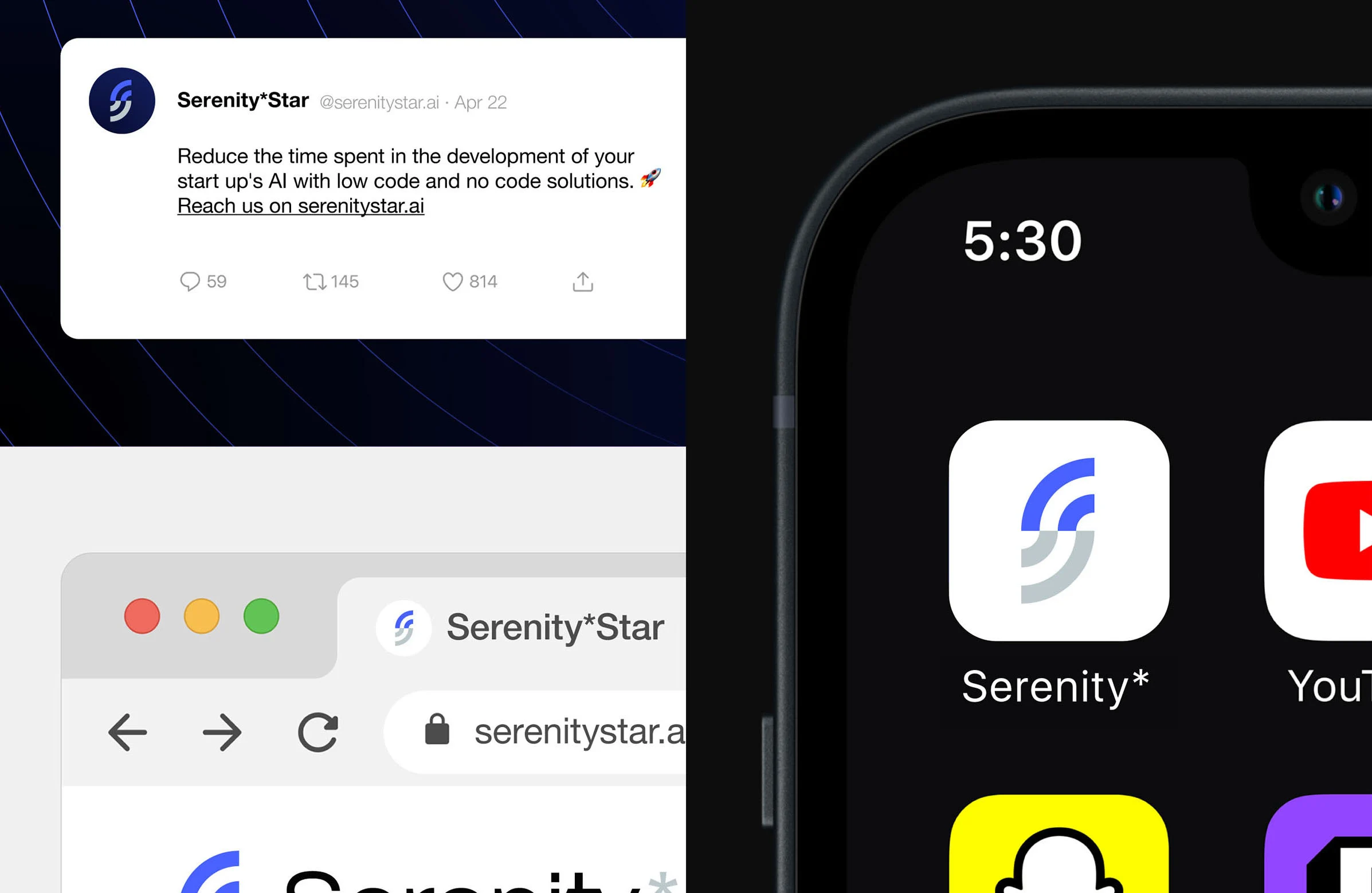 Profil sur un réseau social, carte affichée dans un navigateur et icône d’application de Serenity*Star