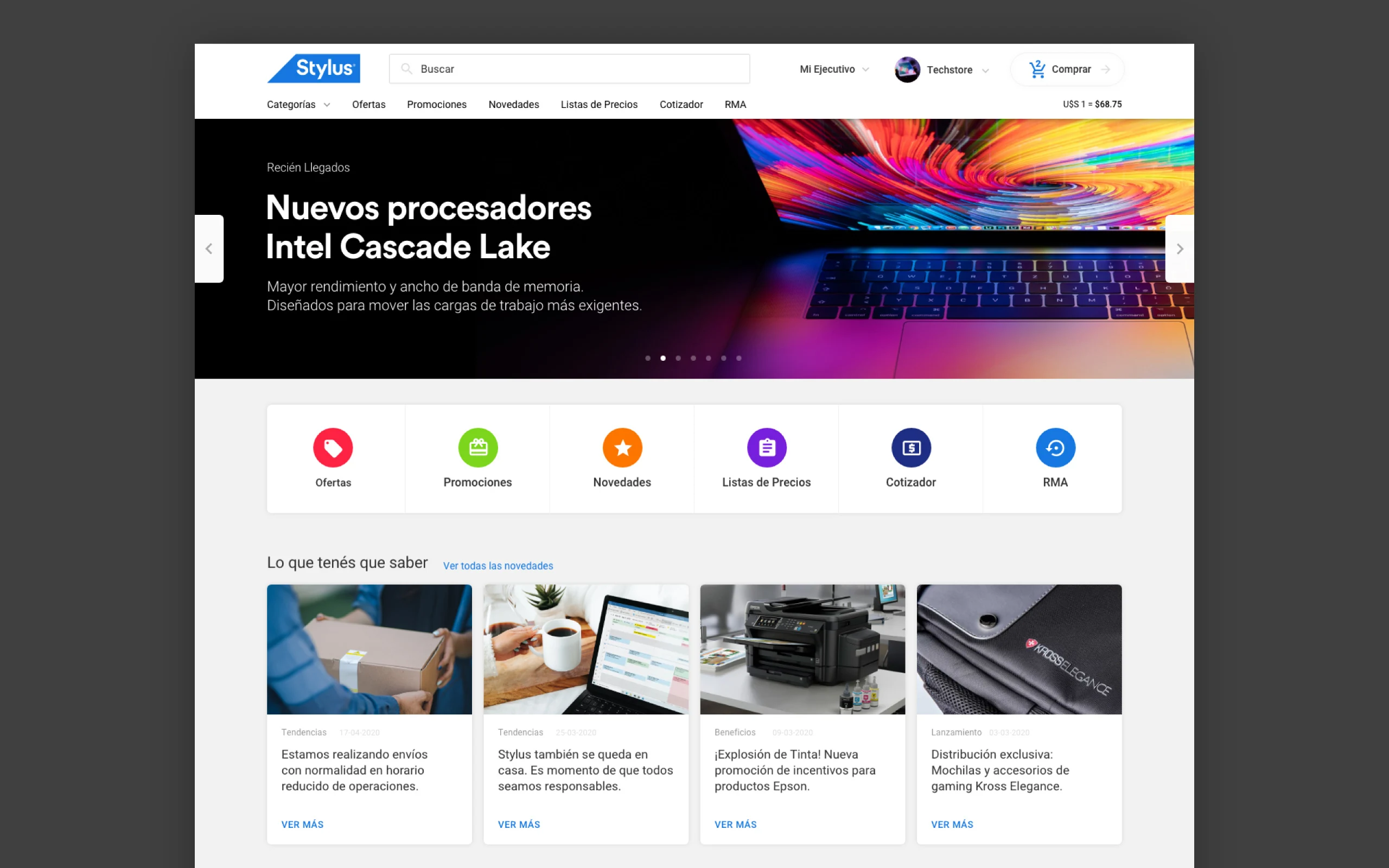 Page d’accueil du site e-commerce Stylus utilisant la nouvelle identité de marque