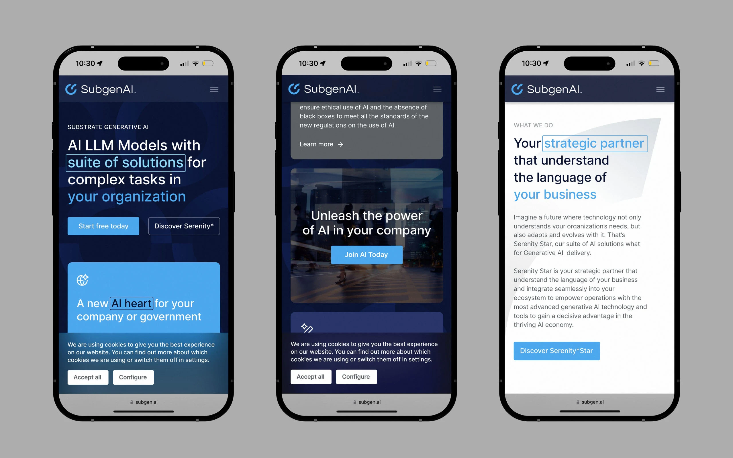 Concept de site web responsive SubgenAI présenté sur trois smartphones