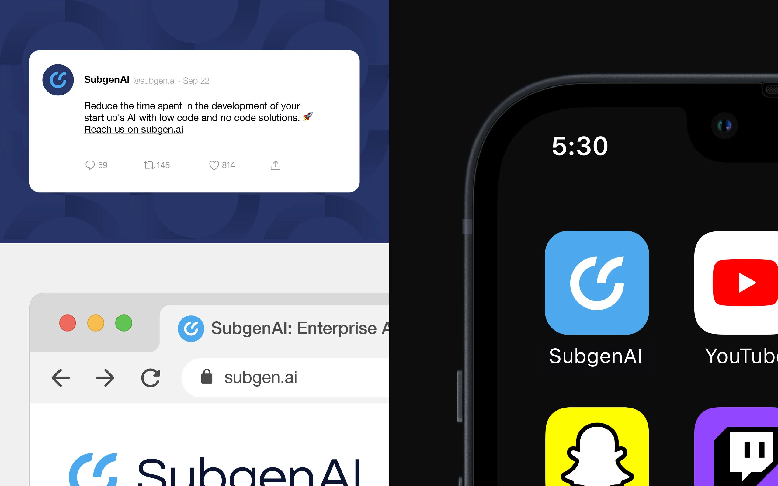 Déclinaisons de marque SubgenAI sur une interface de navigateur, un encart de témoignage et une icône d’application